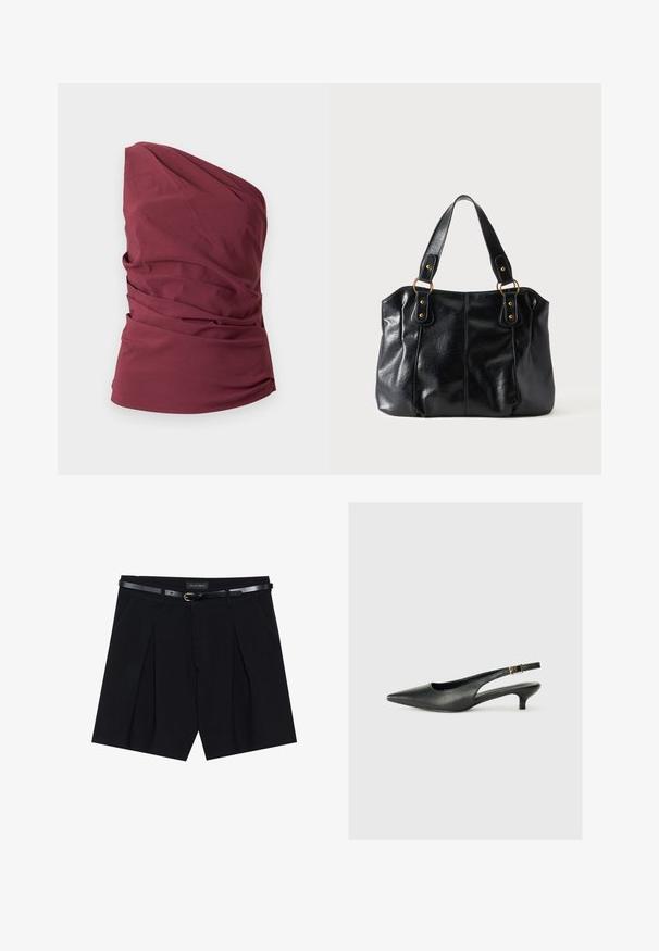 Ärmelloses, einseitig schulterfreies bordeauxfarbenes Top mit drapierten Stoffdetails und figurbetonter Taille vor einfarbigem Hintergrund.; Schwarze maßgeschneiderte Shorts mit Falten, ausgestattet mit einem schmalen schwarzen Gürtel mit goldener Schnalle. Hergestellt aus einem glatten Stoff, der einen eleganten Look bietet.; Schwarzer Slingback-Schuh mit spitzem Zehenbereich aus glattem Leder. Mit einem dünnen Absatz und einer dekorativen Schnalle am verstellbaren Riemen.; Schwarze Leder-Schultertasche mit doppelten Trägern, befestigt durch goldene Ringe und Nieten, glatte und leicht glänzende Oberfläche, schlichtes Design.