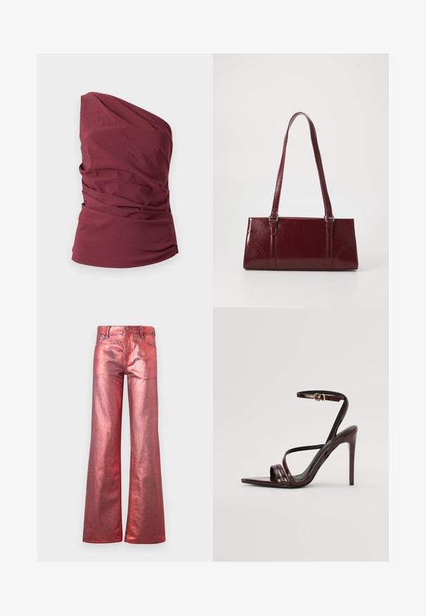 Ærmeløs, bordeaux rød one-shoulder top med draperede stofdetaljer og taljeret pasform mod en ensfarvet baggrund.; Rød metallisk bredbensjeans med en blank finish, fem lommer og syninger i kontrast. Har en knap- og lynlåslukning.; Bordeaux laker læder højhælede sandal med ankelrem, spids tå og tre vandrette remme over foden. Detalje med spænde i guldtonet.; Bordeaux håndtaske lavet af glansfuldt materiale, rektangulær form, med to skulderremme og subtile buede detaljer på forsiden.