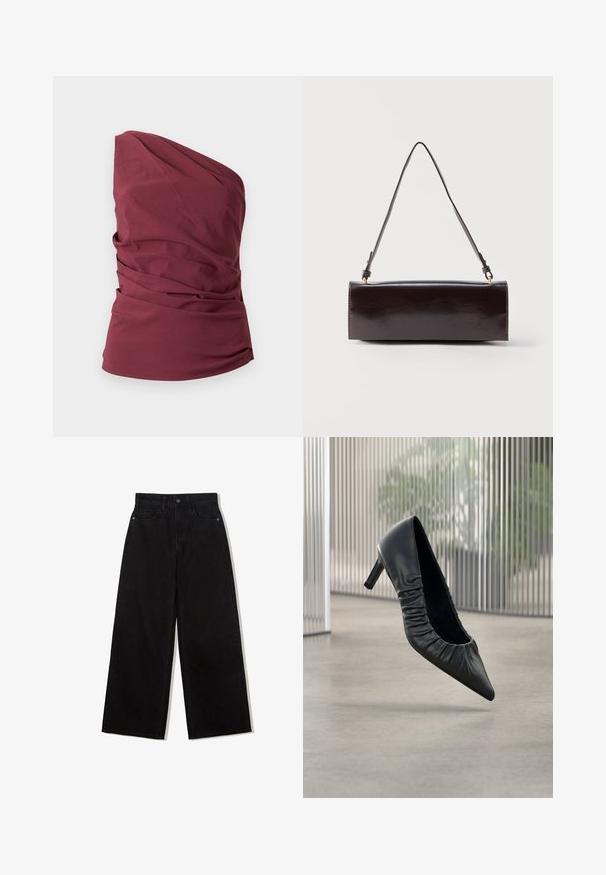 Ärmelloses, einseitig schulterfreies bordeauxfarbenes Top mit drapierten Stoffdetails und figurbetonter Taille vor einfarbigem Hintergrund.; Schwarze, weit geschnittene Jeans aus Denim mit hoher Taille, die ein Fünf-Taschen-Design und einen einzelnen Knopfverschluss vorne aufweist.; Schwarzer Leder-Pumps mit hohem Absatz, spitzer Kappe und geraffter Textur am Obermaterial. Glatte Oberfläche; mittelhoher Absatz.; Rechteckige schwarze Ledertasche mit einem einzelnen langen Riemen und glänzendem Finish, vor einem schlichten weißen Hintergrund präsentiert.