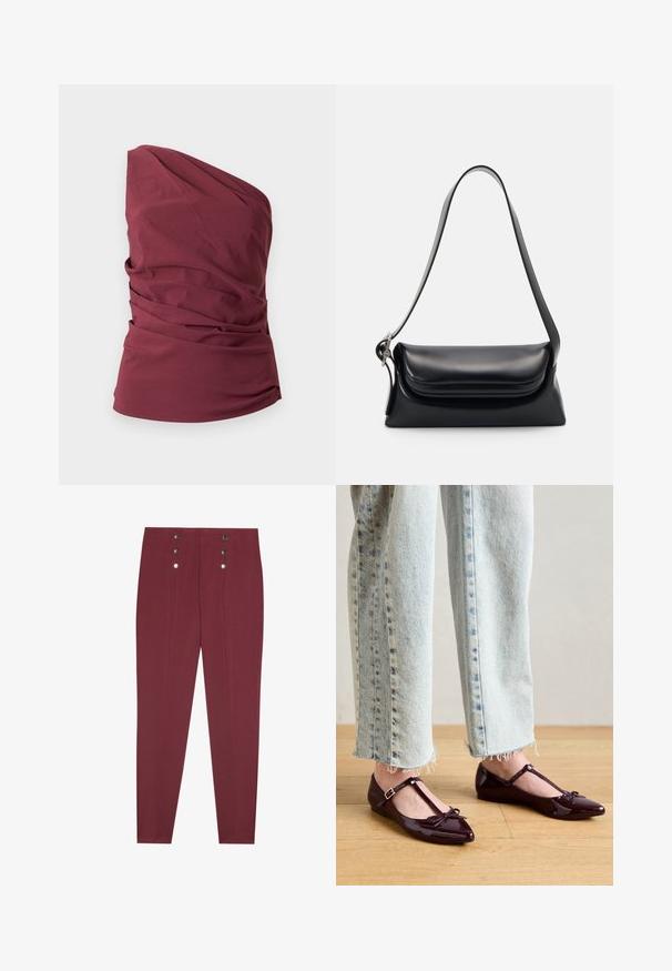 Tielko v burgundskej farbe bez rukávov, s jedným ramenom, s detailmi z drapovaného materiálu a priliehavým pásom na jednofarebnom pozadí.; Burgundské nohavice na mieru so bočnými vreckami, s hladkou textúrou a štyrmi dekoratívnymi striebornými gombíkmi na páse.; Lesklé bordové baleríny s T-remienkom, ozdobené mašličkou na špičke. Kombinované s krátkymi svetlomodrými riflemi.; Čierna kožená kabelka so štruktúrovaným tvarom, hladkou textúrou a jedným ramenným popruhom. Obsahuje jemný, zaoblený dizajn klapky.
