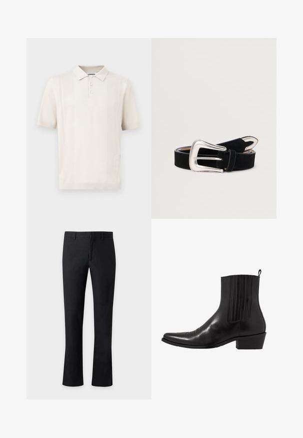 Crèmekleurig poloshirt met korte mouwen, drie knopen en subtiele verticale geperforeerde strepen aan de voorkant.; Zwarte rechte pantalon met riemlussen en een voorsluiting met rits op een effen lichte achtergrond.; Zwarte leren enkellaarzen met een spitse neus, elastische zijpanele, verticale stiksels en een lage blokhak.; Zwarte suede riem met een zilverkleurige metalen gesp in een ronde vorm en gestikte accenten. Gladde textuur en verstelbaar ontwerp.