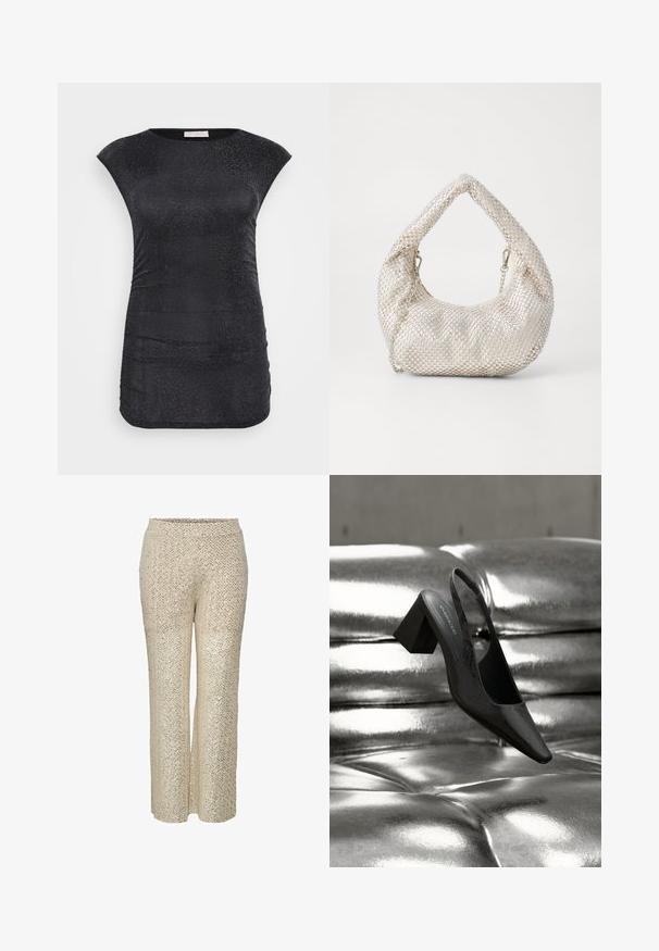 Sort kortærmet top lavet af struktureret, glitrende stof med rynkedetaljer på siden; rund halsudskæring; tætsiddende silhuet.; Beige palazzo bukser med pailletter og zigzag-mønster, høj talje og bred ben-design, der har en glat tekstur og en skinnende overflade.; Sort slingback-hæl med spids tå, der har en tekstureret overflade og en chunky blokhæl. Lagt mod en skinnende, metallisk baggrund.; Sølv mesh håndtaske med en rund form, tekstureret overflade og en buet håndtag. Har kæde detaljer og en blød, sammenfoldet krop.