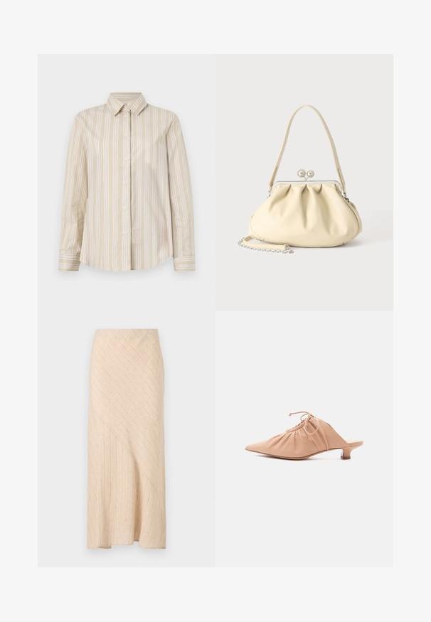 Beige gestreiftes Hemd mit dünnen weißen Linien, Knopfverschluss, klassischer Kragen, langen Ärmeln und abgerundetem Saum. Hergestellt aus einem glatten, leichten Stoff.; Beige Midi-Rock mit diagonaler Rippstruktur, asymmetrischem Saum und weichem Gewebe. Glatte Oberfläche, leichtes Design.; Beige Leder-Pantolette für Damen mit spitzer Kappe, gerafftem Obermaterial, Kordelzug und niedrigem Kitten-Heel auf weißem Hintergrund.; Cremafarbene weiche Lederhandtasche mit gerafftem Design, silbernem Rahmenschloss, kurzem Griff und abnehmbarem Kettenriemen.