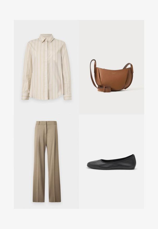 Camisa a rayas beige con finas líneas blancas, diseño de botones, cuello clásico, mangas largas y dobladillo curvado. Fabricada con una tela suave y ligera.; Pantalones de pierna ancha en un tejido marrón claro. Presentan una textura suave, pliegues bien planchados y un diseño de cinturilla plana en la parte delantera.; Bailarina de piel negra con punta redondeada, textura suave, detalle de costura minimalista y diseño de suela flexible.; Bolso bandolera de cuero marrón con forma curva, correa ajustable y logotipo de la marca en relieve dorado minimalista en la parte delantera sobre un fondo liso.
