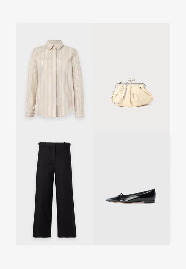 Beige gestreepte shirt met dunne witte lijnen, knoopsluiting, klassieke kraag, lange mouwen en een gebogen zoom. Gemaakt van een gladde, lichte stof.; Zwarte broek met brede pijpen, gemaakt van katoen, voorzien van een riem en een soepele textuur, met een nette voorkant en zonder zichtbare patronen.; Zwarte gepatenteerde leren platte schoen met een puntige neus, een kleine decoratieve band en een lage blokhak. Gladde textuur en strak ontwerp.; Geplooide beige leren clutch met een zilveren metalen frame, voorzien van twee ronde decoratieve sluitingen en een zilveren kettingriem.