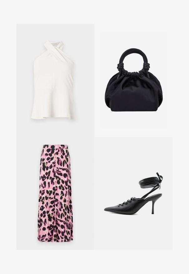 Top blanco sin mangas con escote halter cruzado y dobladillo acampanado, mostrado sobre un fondo liso y claro.; Falda rosa con un estampado de animal print que presenta acentos en negro, dorado y blanco. Tejido suave con un diseño fluido. Corte de longitud media.; Zapato de tacón alto negro con punta puntiaguda, con cordones en la parte delantera y correas que rodean el tobillo atadas con un lazo, mostrado de lado sobre un fondo blanco.; Bolso de mano de tela negra suave con parte superior fruncida y asas acolchadas circulares atadas con nudos a cada lado.