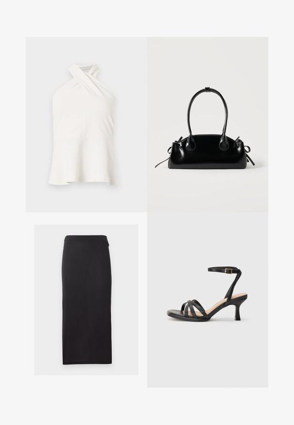 Haut blanc sans manches avec un décolleté halter croisé et un ourlet évasé, présenté sur un fond clair uni.; Jupe crayon noire longueur genou avec une silhouette droite et ajustée, sans motifs ni ornements visibles.; Sandales à talons noirs avec plusieurs fines lanières sur le bout, une seule lanière à la cheville avec une boucle dorée, et un bout carré.; Petit sac à main noir brillant avec deux longues anses et des détails à cordon sur les côtés sur un fond clair uni.