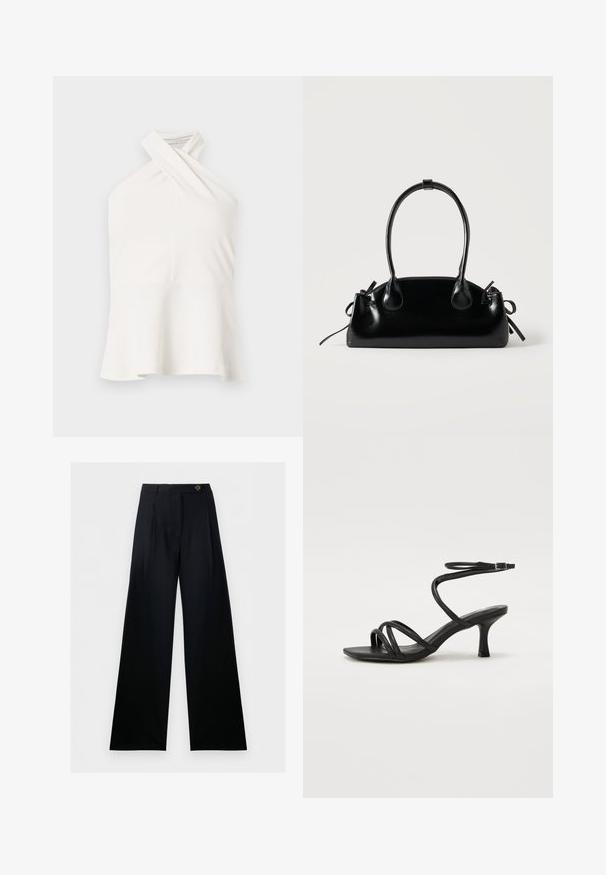 Haut blanc sans manches avec un décolleté halter croisé et un ourlet évasé, présenté sur un fond clair uni.; Pantalon noir à jambes larges, taille haute, fermeture boutonnée à l’avant, avec passants de ceinture, présenté sur fond blanc.; Even&Odd Wide Fit by Zalando Sandales - black; Petit sac à main noir brillant avec deux longues anses et des détails à cordon sur les côtés sur un fond clair uni.
