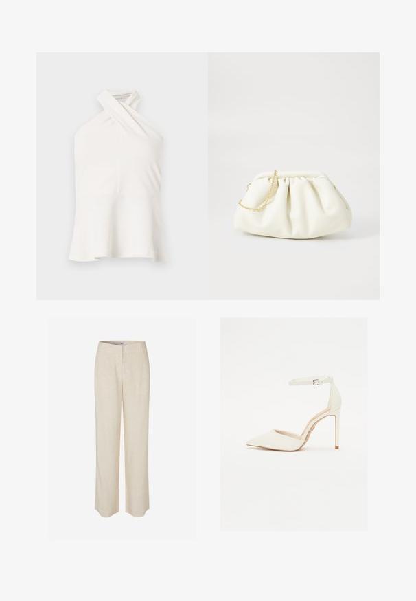 Haut blanc sans manches avec un décolleté halter croisé et un ourlet évasé, présenté sur un fond clair uni.; Pantalon en lin beige à coupe droite, avec une texture lisse et un léger éclat. Comprend une ceinture et des poches avant discrètes.; Chaussure à talons hauts blanche en cuir avec un bout pointu et une fine bride de cheville. Dotée d'un talon aiguille et d'un design minimaliste.; Sac à main en cuir blanc avec un design plissé, doté d'une bandoulière en chaîne dorée et d'une forme arrondie. Texture lisse avec des plis doux et sans motifs.