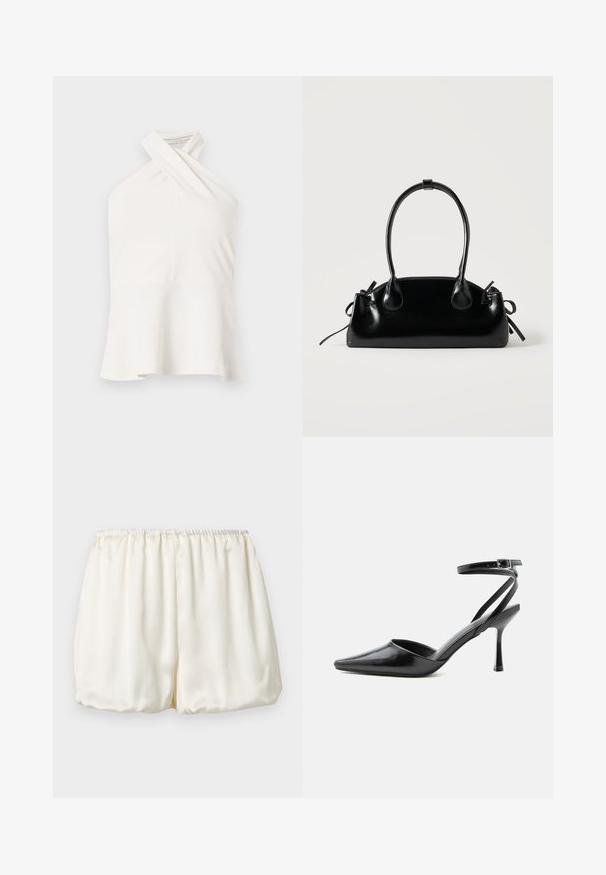 Haut blanc sans manches avec un décolleté halter croisé et un ourlet évasé, présenté sur un fond clair uni.; Shorts en satin couleur crème avec taille élastique froncée et coupe ample style ballon sur un fond clair uni.; Escarpin noir à bout pointu avec fines brides de cheville et fermeture à boucle argentée sur fond clair uni.; Petit sac à main noir brillant avec deux longues anses et des détails à cordon sur les côtés sur un fond clair uni.