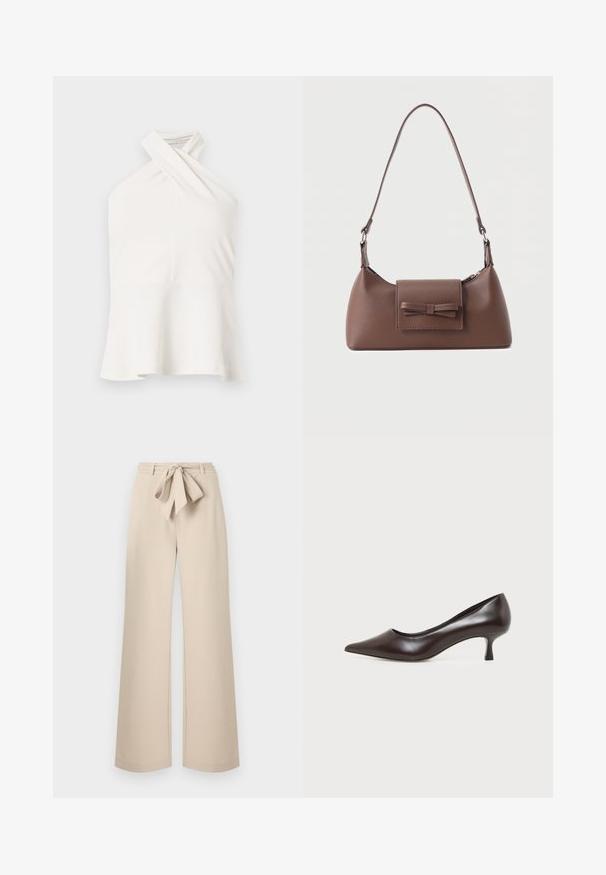 Haut blanc sans manches avec un décolleté halter croisé et un ourlet évasé, présenté sur un fond clair uni.; Pantalon beige taille haute à jambes larges avec une ceinture en tissu nouée en nœud à la taille, présenté sur un fond uni.; Escarpin en cuir marron foncé à bout pointu avec petit talon incurvé sur fond blanc.; Sac à bandoulière en cuir marron avec une poche à rabat avant ornée d'un détail en forme de nœud cousu et une sangle réglable.