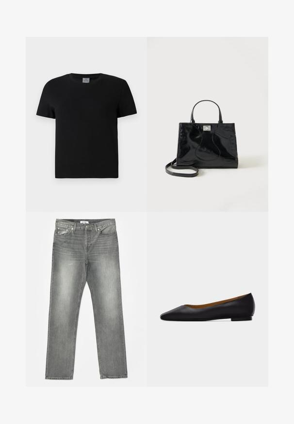 T-shirt en coton noir avec un col ras du cou et des manches courtes. Design simple, sans motifs ni accents, avec une coupe droite à la taille.; RE/DONE EASY - Jean droit - grigio; Chaussure plate en cuir noir à bout pointu avec talon bas et finition lisse, vue de côté sur un fond gris clair.; Sac à main en cuir verni noir avec poignées arrondies, bandoulière détachable et fermeture à boucle argentée sur fond blanc uni.