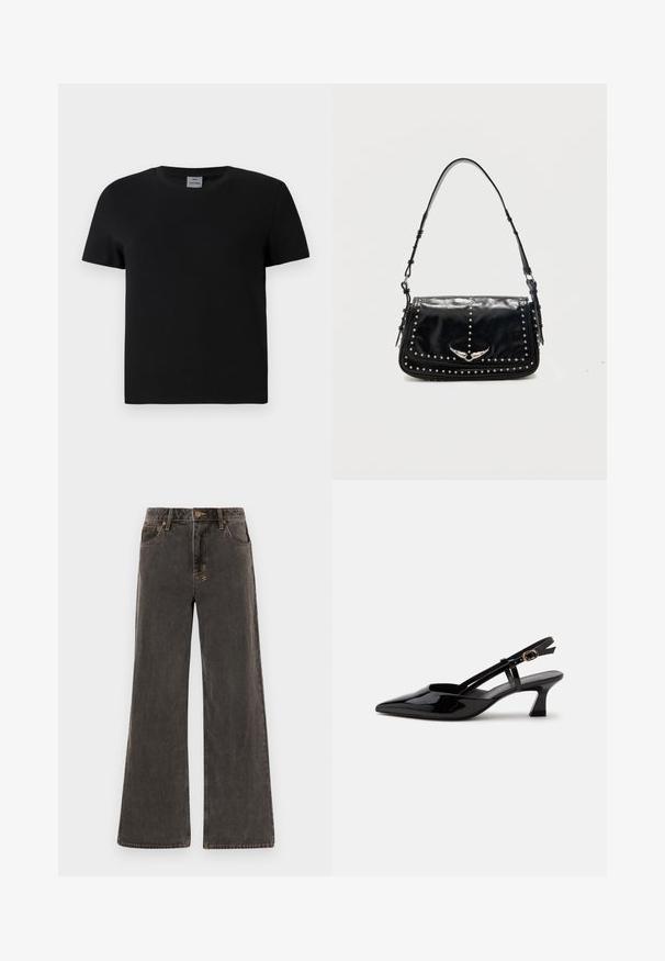 Schwarzes Baumwoll-T-Shirt mit Rundhalsausschnitt und kurzen Ärmeln. Einfaches Design, keine Muster oder Akzente, mit geradem Schnitt an der Taille.; Weite Jeans aus dunkelgrauem Denim. Mit hoher Taille, fünf Taschen und kontrastierenden goldenen Nähten. Dezente Abnutzung sorgt für ein strukturiertes Erscheinungsbild.; Schwarzer Slingback-Pumps aus Lackleder mit spitzer Spitze und verstellbarem goldfarbenem Riemen auf weißem Hintergrund.; Schwarze Leder-Schultertasche mit silbernen Nieten und geflügeltem Metall-Emblem auf der Frontklappe vor einfarbigem Hintergrund.