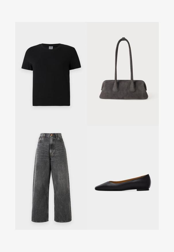 Zwart katoenen t-shirt met een ronde hals en korte mouwen. Eenvoudig ontwerp, geen patronen of accenten, met een recht gesneden taille.; Hoge taille spijkerbroek met wijde pijpen in vervaagd zwart denim, voorzien van voorzakken, riemlussen en een koperen knoopsluiting.; Zwarte leren puntschoen met lage hak en gladde afwerking, zijaanzicht op een lichtgrijze achtergrond.; Donkergrijze suède handtas met een brede rechthoekige bodem en twee lange, dunne schouderriemen op een effen achtergrond.