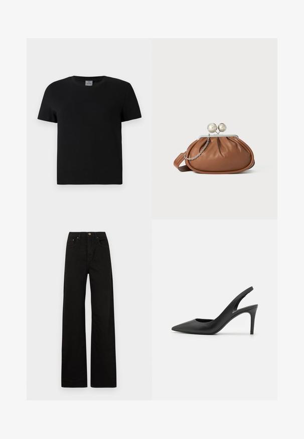 Schwarzes Baumwoll-T-Shirt mit Rundhalsausschnitt und kurzen Ärmeln. Einfaches Design, keine Muster oder Akzente, mit geradem Schnitt an der Taille.; Schwarze weit geschnittene Jeans aus robustem Stoff. Mit einem Frontknopfverschluss, Gürtelschlaufen und zwei vorderen Taschen. Glatte, einheitliche Textur.; Schwarze Leder Slingback High Heels mit einem spitzen Zehendesign, das an der Vorderseite ein Ausschnitt hat und einen dünnen Stilettoblock. ; Braune Leder-Clutch mit silbernem Kugelverschluss und einem kleinen silbernen Kettendetail auf weißem Hintergrund.