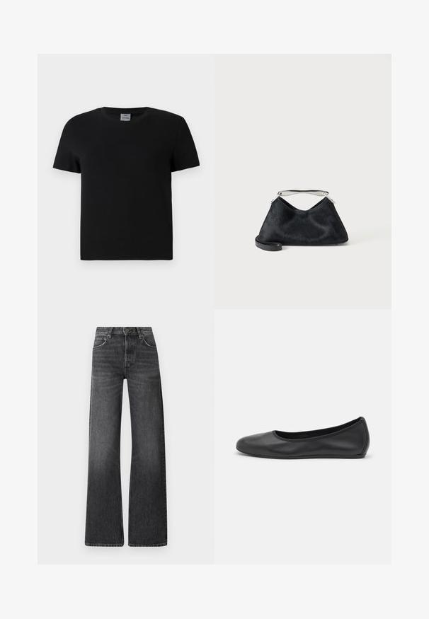 Sort bomulds t-shirt med rund hals og korte ærmer. Enkel design, ingen mønstre eller detaljer, med lige skæring ved taljen.; Sorte denim jeans med høj talje og bred ben-design. Har fem lommer og en subtil falmet tekstur med kontrastfarvet syninger.; Sort læderballetsko med rund tå, glat tekstur, minimal syning og et fleksibelt såldesign.; Lille sort håndtaske med sølvhåndtag og en ekstra sort rem, vist på en ensfarvet lys baggrund.