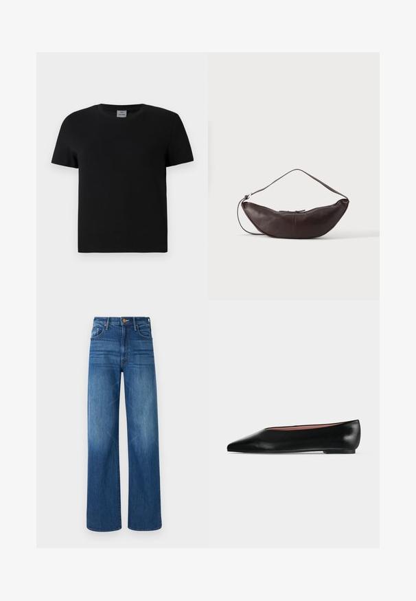 Sort bomulds t-shirt med rund hals og korte ærmer. Enkel design, ingen mønstre eller detaljer, med lige skæring ved taljen.; Mother THE LASSO SNEAK - Jeans Relaxed Fit - dark blue denim; Sort damesko i læder med flad hæl og spids tå, vist fra siden på en ensfarvet lys grå baggrund.; Mørkebrun læder skuldertaske i halvmåneform med buet rem og synlige syninger på ensfarvet baggrund.