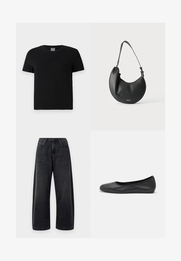 Schwarzes Baumwoll-T-Shirt mit Rundhalsausschnitt und kurzen Ärmeln. Einfaches Design, keine Muster oder Akzente, mit geradem Schnitt an der Taille.; Schwarze Jeans mit weitem Bein aus Denim, ausgestattet mit einem klassischen Fünf-Taschen-Design, dezentem Verblassen und einem Druckknopfverschluss am Bund.; Schwarze Leder-Ballettschuhe mit abgerundeter Spitze, glatter Textur, minimalen Nähdetails und einem flexiblen Sohlen-Design.; Schwarze, halbmondförmige Lederschultertasche mit verstellbarem Riemen und kleinem weißen Logo vorne vor hellem Hintergrund.