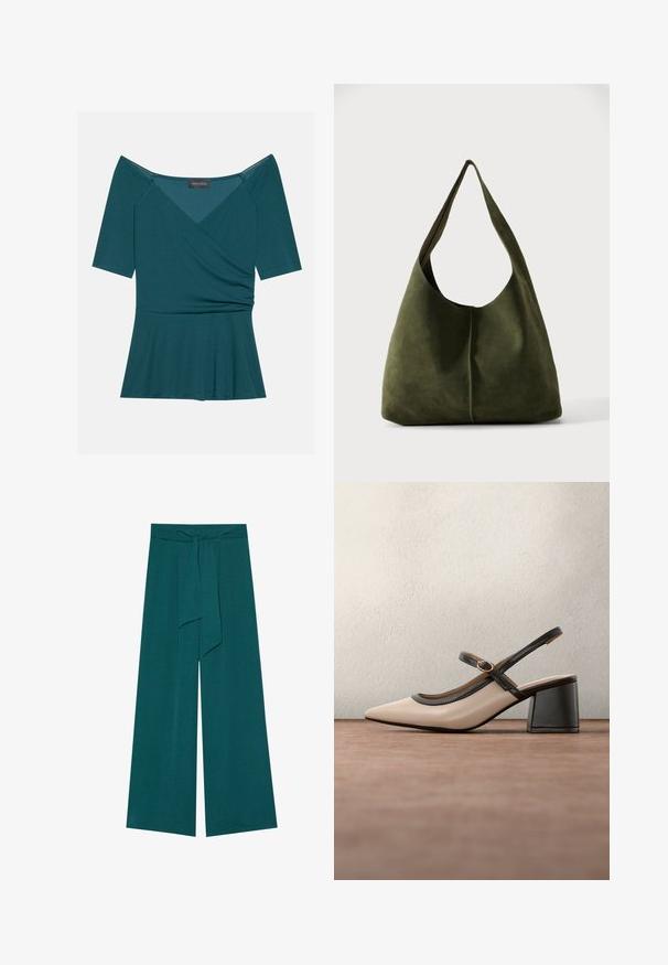 Top teal sin mangas con hombros al aire, con diseño envolvente y apariencia acampanada en el bajo, confeccionado en una tela suave y elástica.; Pantalones de pierna ancha en un color azul verdoso profundo con un acabado texturizado, que cuentan con una cintura atada para un ajuste ajustable y una silueta fluida.; Zapato beige de tacón alto con tira trasera, puntera puntiaguda, ribete negro y detalle de hebilla. Material liso con acabado mate y tacón medio tipo bloque.; Bolso de hombro grande y desestructurado de ante verde oliva con una sola correa ancha y forma suave sobre un fondo liso.