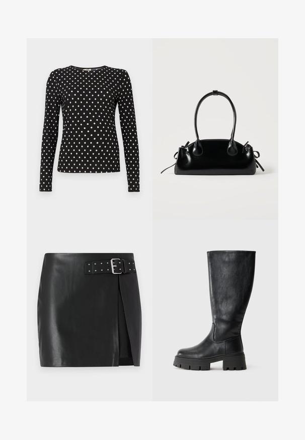Schwarzes Langarmoberteil mit weißen Perlen, runder Ausschnitt und strukturiertem Stoff. Bietet eine taillierte Silhouette, geeignet für die Freizeit.; Schwarzer Kunstleder-Minikilt mit verstellbarem Gürtel, der über eine silberne Schnalle und Nieten verfügt. Vorderes Wickeldesign und glatte Textur.; Schwarze kniehohe Stiefel aus glattem Leder mit einer dicken, strukturierten Sohle und dezenten Nahtdetails an der Außenseite.; Kleine schwarze glänzende Handtasche mit zwei langen Griffen und seitlichen Kordelzug-Details vor einfachem hellem Hintergrund.