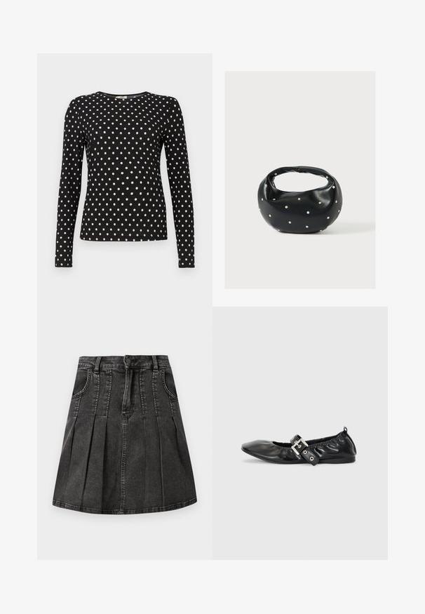 Zwart langemouwtop met witte stippen, ronde halslijn en textuurstof. Biedt een getailleerde silhouet, geschikt voor casual dragen.; Zwarte denimrok met een geplooid ontwerp, riemlussen, voorzakken en een knoopsluiting. Glad textuur met een lichte glans.; Zwarte leren platte schoen met een spitse neus, geplooide details rond de opening en een zilveren gespaccentueerde verstelbare band.; Zwarte leren handtas met een afgeronde vorm, versierd met zilveren studs, en een korte handgreep. Gladde textuur en ritsluiting.