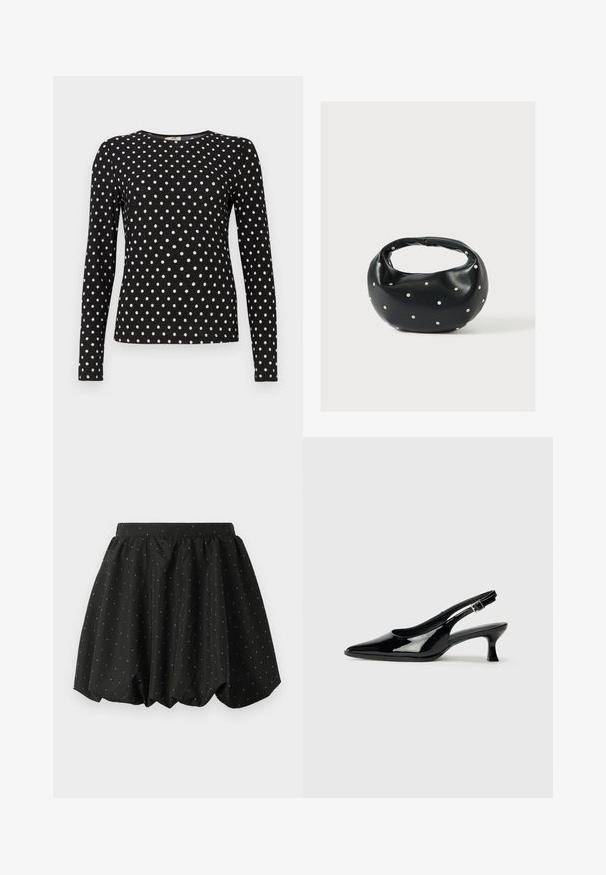 Haut à manches longues noir avec des pois blancs, col rond et tissu texturé. Offre une silhouette ajustée, idéale pour un look décontracté.; Jupe bulle noire avec une taille élastique et un motif de pois blancs. Fabriquée en tissu léger, elle présente un design volumineux et un ourlet arrondi.; Escarpins en cuir verni noir avec un bout pointu et un petit talon carré. Sangle réglable à la cheville avec boucle.; Sac à main en cuir noir de forme arrondie, décoré de clous argentés et équipé d'une poignée courte. Texture lisse et fermeture éclair.