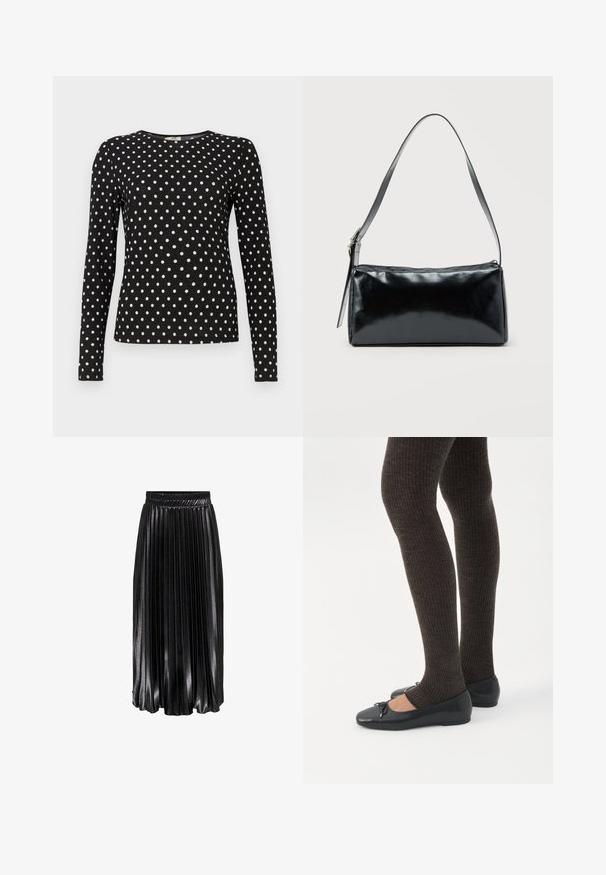 Haut à manches longues noir avec des pois blancs, col rond et tissu texturé. Offre une silhouette ajustée, idéale pour un look décontracté.; Jupe midi plissée noire avec une finition brillante, taille élastique et plis verticaux prononcés, offrant une apparence texturée et fluide.; Jambes portant des leggings côtelés foncés associés à des ballerines noires avec de petits détails en nœud sur fond blanc.; Sac d'épaule rectangulaire noir avec une sangle réglable unique et une fermeture éclair supérieure sur un fond uni.