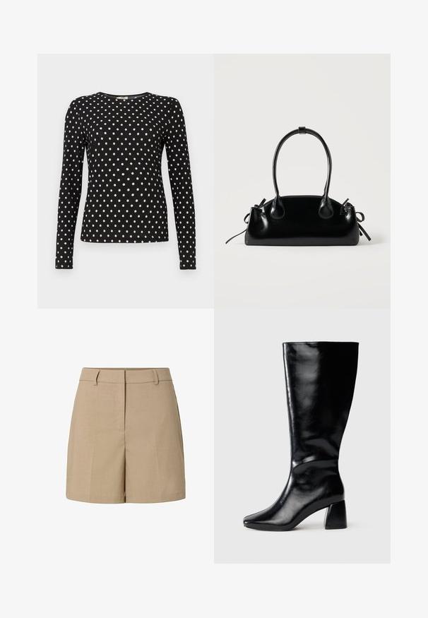 Haut à manches longues noir avec des pois blancs, col rond et tissu texturé. Offre une silhouette ajustée, idéale pour un look décontracté.; Shorts beiges sur mesure avec passants de ceinture, fermeture éclair frontale et coutures nettes dans un tissu lisse.; Botte en cuir noire hauteur genou avec un talon carré et une pointe légèrement pointue, présentée de côté sur un fond neutre.; Petit sac à main noir brillant avec deux longues anses et des détails à cordon sur les côtés sur un fond clair uni.