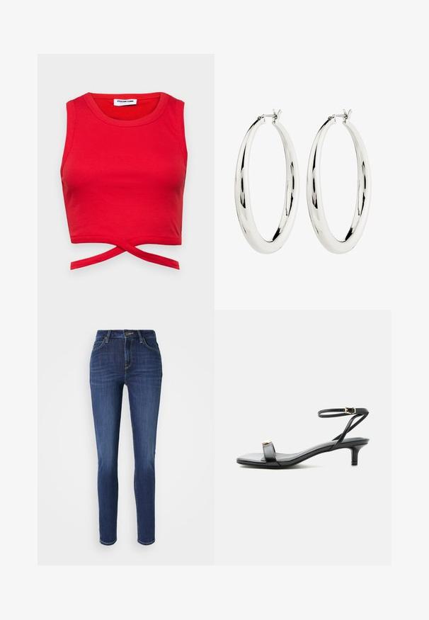 Červený bavlnený crop top s rebrovanou textúrou, bezrukávovým dizajnom a uzlom vpredu pre priliehavý vzhľad.; Úzke džínsy v tmavomodrom denime s jemným vyblednutím. Obsahujú päť vreciek, pútka na opasok a predné zapínanie na gombík. Štandardný strih s rovnými nohavicami.; Čierna kožená sandála s otvorenou špičkou, nízkym kitten podpätkom, tenkým remienkom na členku so zlatou prackou a dekoratívnym zlatým akcentom na prednom remienku.; Strieborné kruhové náušnice s hladkým, reflexným povrchom. Guľatý, veľký tvar s bezpečným zapínaním na vrchu. Lesklý povrch ukazuje žiaru.