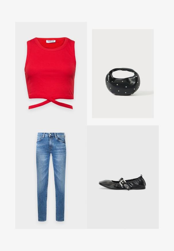 Rød bomulds crop top med ribbet tekstur, ærmeløs design og en knyttet detalje foran for et tæt fit.; Lyseblå denimjeans med slim fit. Funktioner inkluderer en knaplukning, fem lommer og en slidseffekt på lårene.; Sorte læder flade sko med spids tå, samling detaljer omkring åbningen, og en sølv spænde accent på den justerbare rem.; Sort læderhåndtaske med en rundet form, dekoreret med sølvnitter, og et kort håndtag. Glat tekstur og lynlåslukning.