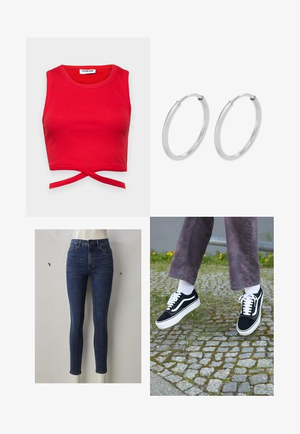 Červený bavlnený crop top s rebrovanou textúrou, bezrukávovým dizajnom a uzlom vpredu pre priliehavý vzhľad.; Úzke rifle z tmavomodrého denimu, s vysokým pásom a priliehavým strihom, s prednými vreckami, zapínaním na zips a jemným vyšúchaním na stehnách.; Čierne semišové tenisky s bielymi akcentmi, s okrúhlou špičkou, hrubou bielou podrážkou a klasickým šnurovacím dizajnom, kombinované s bielymi ponožkami a fialovými nohavicami.; Strieborné kruhové náušnice, oblého tvaru, hladký lesklý povrch a rovnomerná šírka po celom obvode. Minimalistický dizajn bez ďalších akcentov.