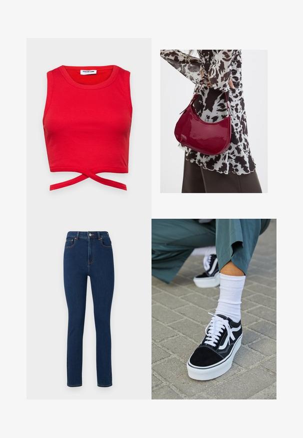 Červený bavlnený crop top s rebrovanou textúrou, bezrukávovým dizajnom a uzlom vpredu pre priliehavý vzhľad.; Tmavomodré džínsy s vysokým pásom, rovný strih, predné vrecká a kontrastné oranžové švy pozdĺž švov. Čistý, minimalistický dizajn.; Čierne semišové tenisky s bielymi akcentmi a šnúrkami, s hrubou bielou podrážkou a kontrastným prešívaním, doplnené o bielu ponožku.; Žena v čierno-bielom vzorovanom blúzke drží lesklú červenú kabelku cez rameno na jednofarebnom pozadí.