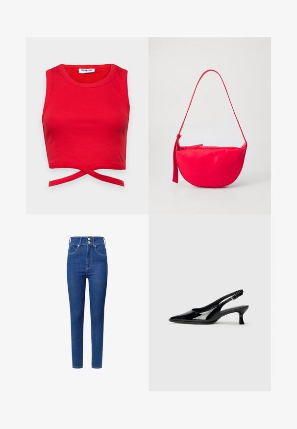 Top corto de algodón rojo con textura acanalada, diseño sin mangas y un detalle de nudo en la parte delantera para una apariencia ajustada.; Jeans de mezclilla azul de talle alto con un ajuste slim, que cuentan con dos botones en la cintura, bolsillos delanteros y detalles de costura en contraste.; Zapatos de charol negro tipo slingback con punta afilada y tacón bajo. Correa ajustable con hebilla en el tobillo.; Bolso de hombro de cuero rojo con forma curva, cierre con cremallera y una correa delgada y ajustable. Textura suave con detalles de costura.