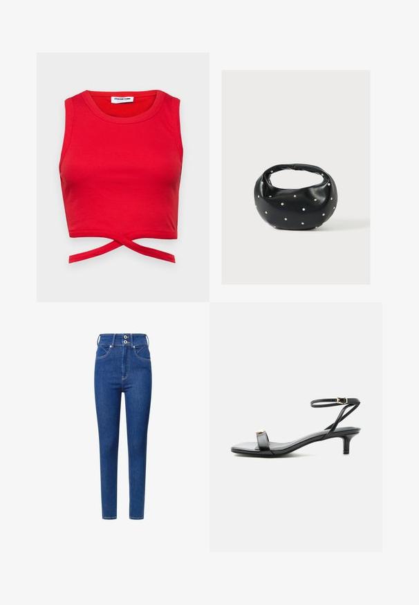 Červený bavlnený crop top s rebrovanou textúrou, bezrukávovým dizajnom a uzlom vpredu pre priliehavý vzhľad.; Džíny z modrej denimu s vysokým pásom a štíhlym strihom, ktoré majú dva gombíky na páse, predné vrecká a kontrastné šitie.; Čierna kožená sandála s otvorenou špičkou, nízkym kitten podpätkom, tenkým remienkom na členku so zlatou prackou a dekoratívnym zlatým akcentom na prednom remienku.; Čierna kožená kabelka s zaobleným tvarom, zdobená striebornými cvočkami a krátkym rúčkou. Hladká textúra a zapínanie na zips.