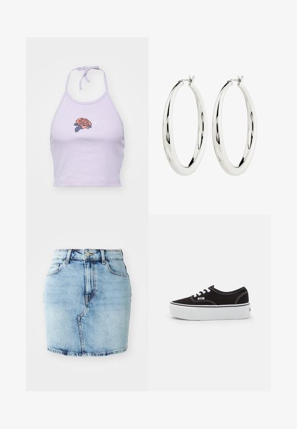 Lila halter crop top van katoen, met een rozenborduursel in oranje en marineblauw, met een striksluiting bij de hals.; Lichtblauwe denimrok met een aansluitende pasvorm, vijf zakken, een knoop- en ritssluiting en gestikte details langs de zoom.; Zwarte canvas sneaker met een witte rubberen platformzool, voorzien van witte veters en stiksels, iconische branding op de zijkant, low-top ontwerp.; Zilveren creool oorbellen met een gladde, reflecterende oppervlak. Ronde, grote vorm met een veilige sluiting aan de bovenkant. Gepolijste afwerking toont de glans.