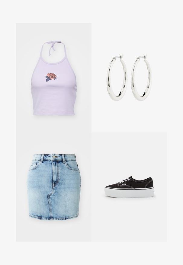 Top corto de color lila con tirantes, hecho de algodón, con un diseño de bordado de rosas en naranja y azul marino, y un cierre con lazo en el cuello.; Falda de mezclilla de color azul claro con una forma ajustada, cinco bolsillos, cierre de botón y cremallera, y detalles cosidos a lo largo del dobladillo.; Zapatilla de lona negra con suela de plataforma de goma blanca, que presenta cordones y costuras blancas, con branding icónico en el lateral, diseño de corte bajo.; Pendientes de aro de plata con un acabado suave y brillante. Forma circular, con un cierre seguro. Diseño sencillo y elegante.