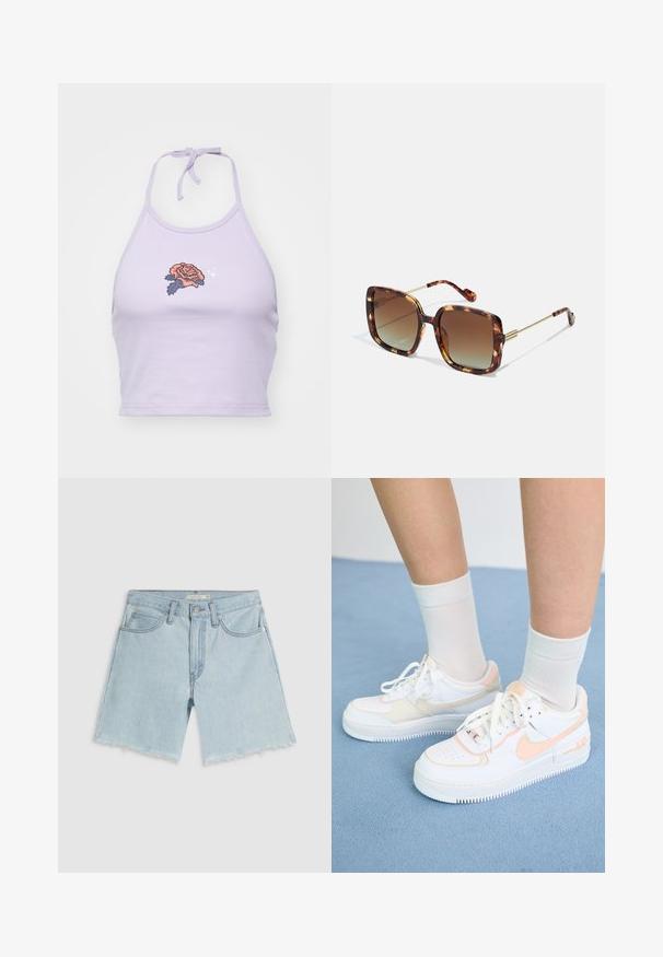 Fialová halter crop top vyrobená z bavlny, s vyšitím ruže v oranžovej a námorníckej farbe, so zaväzovaním na krku.; Svetlomodré rifľové šortky s ošúchaným lemom, štyrmi vreckami a zapínaním na zips; disponujú jemným vyblednutím a striebornými kovovými doplnkami.; Biele tenisky s broskyňovými akcentmi, hladký kožený zvršok, perforovaný špička, textúrovaná podošva a šnúrky. Nosia sa s bielymi členkovými ponožkami na modrom povrchu.; Hnedé korytnačkové slnečné okuliare so štvorcovým tvarom, gradientovými šošovkami a zlatými kovovými akcentmi na bočniciach a ramenách. Textúrovaný povrch.