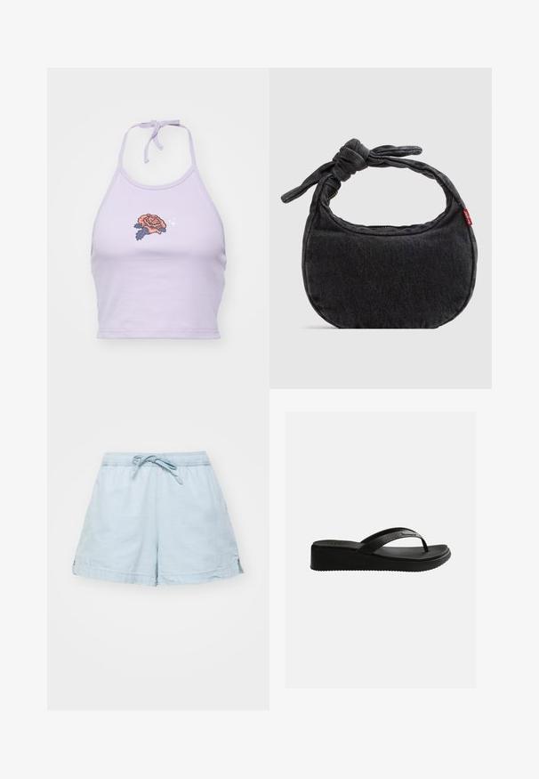 Lila halter crop top van katoen, met een rozenborduursel in oranje en marineblauw, met een striksluiting bij de hals.; Lichtblauwe, lichte shorts met een elastische tailleband en trekkoord. Voorzien van zijzakken en een relaxte pasvorm, gemaakt van zachte stof.; Zwarte sleehak slippers met een gestructureerd voetbed en dunne bandjes met subtilistisch merklogo op een witte achtergrond.; Kleine zwarte denim schoudertas met een gestrikte riem en ritssluiting, met een rood Levi's stoffen label aan de zijkant.