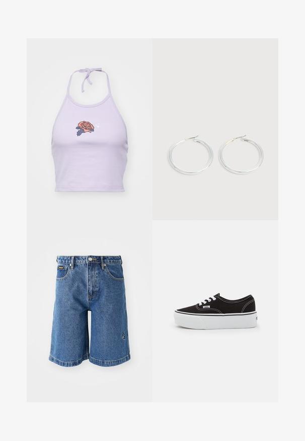 Haut court halter lilas en coton, avec un design de broderie de rose en orange et bleu marine, et une fermeture à nouer au cou.; Shorts en denim bleus, avec une coupe droite, cinq poches et des coutures jaunes contrastées. Comprend un petit logo sur le côté gauche.; Baskets en toile noires avec une semelle en caoutchouc blanc, dotées de lacets et de coutures blanches, marquage emblématique sur le côté, design basse.; Paire de boucles d'oreilles créoles argentées brillantes avec fermoirs en fil fin, présentée sur un fond gris clair.