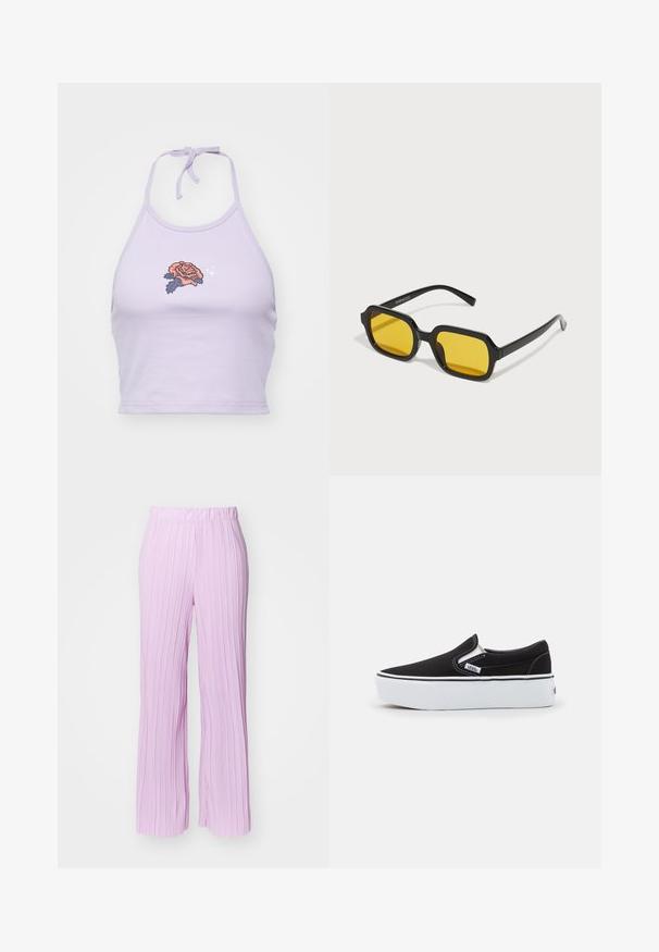Lilla nööriga crop top, mis on valmistatud puuvillast, sisaldab apelsini- ja tumesinisest roosi tikandit ning kaela juures sõlmimise võimalust.; Heledad roosa pleeditud pükste disain, laia jala ja elastse vöökohtaga, millel on vertikaalne tekstuur ja sile viimistlus.; Musthave musta kangas slip-on king, millel on valge kummist tald, elastsed külgmised aktsendid ja kontrastne õmblus. Brändi logo nähtav küljel.; Mustad mustad prillid kollaste läätsedega. Omadused hõlmavad paksu raami ja nurgelisi vorme, millel on sile ja läikiv viimistlus.