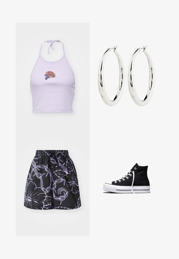 Fialová halter crop top vyrobená z bavlny, s vyšitím ruže v oranžovej a námorníckej farbe, so zaväzovaním na krku.; Čierne šortky s viazacím pásom, ktoré majú kontrastné svetlofialové kvetinové a listové vzory na jednolatom pozadí.; Čierna vysoká plátenná teniska s bielou gumovou podrážkou a bielymi šnúrkami, zobrazená zboku na bielom pozadí.; Strieborné kruhové náušnice s hladkým, reflexným povrchom. Guľatý, veľký tvar s bezpečným zapínaním na vrchu. Lesklý povrch ukazuje žiaru.