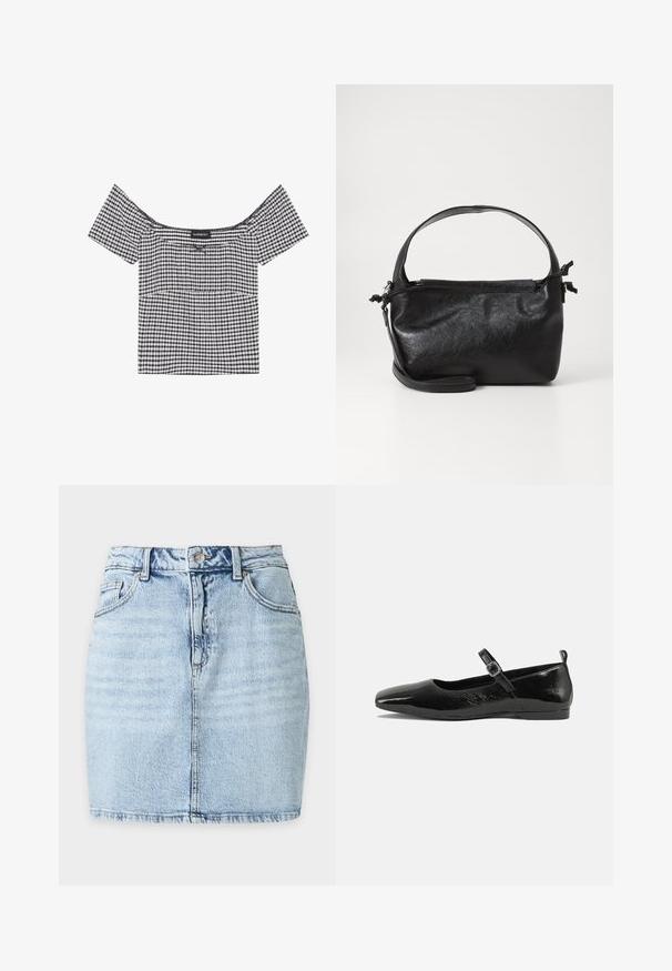 Sort-hvid ternet off-the-shoulder top med korte ærmer, der har et samlet design og et mærke ved halsudskæringen.; Lyseblå denim mininederdel med frontknap, bæltestropper, to forlommer og synlig lodret søm ned langs midten.; Sorte patentlæder flade sko med spidse tæer, en ankelrem med spænde og en glat, blank tekstur. Lav hæl for komfort.; Sort læderhåndtaske med et struktureret design, rund tophåndtag og aftagelig skulderrem. Den har en glat tekstur og en subtil glans.