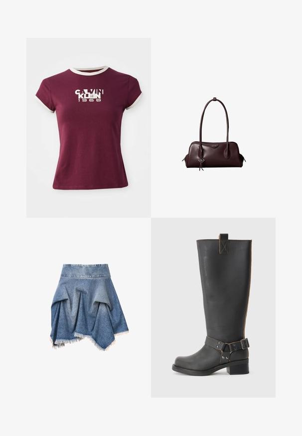 Bordeaux kortærmet T-shirt lavet af bomuld, med en hvid rund halsudskæring og kontrastfuld logo tekst "CALVIN KLEIN 1968" på forsiden.; AllSaints CRISSY - A-snit nederdel - vintage indigo; Sorte læderknæhøje støvler med en tekstureret overflade, der har en sidebuckle-detalje og en lav hæl. Særligt detaljeret syninger langs sømmene.; Mørkebrun lædertaske fra Calvin Klein med lange dobbelte håndtag og en lille logohængende ved det ene håndtag.