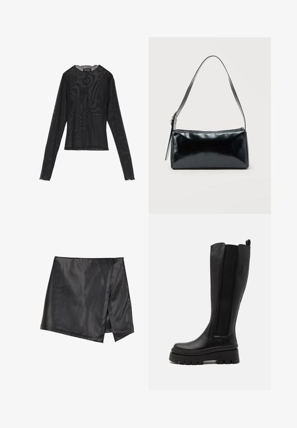 Top noir à manches longues en tissu transparent, avec un col rond, une fermeture à boutons sur le devant et des bords festonnés aux poignets.; Even&Odd by Zalando Minijupe - black; Botte noire montante en cuir lisse avec des panneaux latéraux élastiques, semelle plate-forme épaisse et texture striée à la base.; Sac d'épaule rectangulaire noir avec une sangle réglable unique et une fermeture éclair supérieure sur un fond uni.
