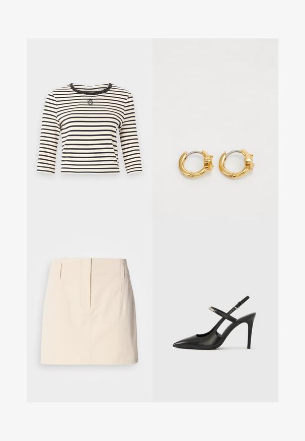 Hvid og sort langærmet top med vandrette striber, rund halslinning dekoreret med palietter og et lille dekorativt logo i midten af brystet.; Calvin Klein Jeans SKIRT - A-snit nederdel - fog; Sorte læder slingback-højhæle med spids tå, udskåret design og justerbar rem med metalhardware.; Guld hoops øreringe med et buet design og en tekstureret overflade, der har en lille accentdetalje ved lukkemechanismen. Metalmateriale.
