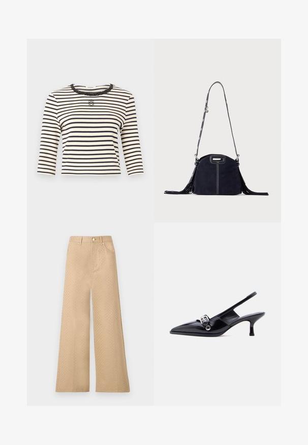 Wit en zwart horizontaal gestreept topje met lange mouwen, een ronde halslijn versierd met pailletten en een klein decoratief logo in het midden van de borst.; sandro GABARD VERSION STARS - Wide leg - beige; Zwarte slingback kitten heel schoen van lakleer met puntige neus en zilveren gespsluiting op een effen witte achtergrond.; Donkerblauwe suède handtas met witte stiksels, een uitgesneden handvat, een patroon schouderriem en lange franjes aan beide zijden.