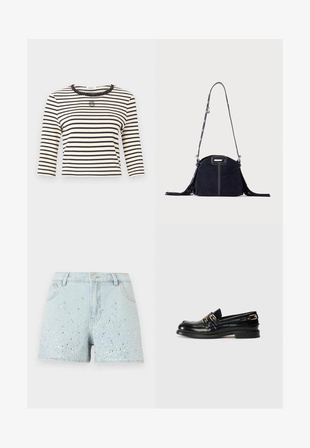 Haut à manches longues à rayures horizontales blanches et noires avec un col rond orné de sequins et un petit logo décoratif au centre de la poitrine.; Shorts en denim bleu clair avec des ornements en strass argentés et blancs dispersés sur le devant, dotés de passants pour ceinture, d'un bouton et de poches.; Mocassins en cuir noir avec une finition brillante, dotés de deux boucles dorées et d'un talon bas. Texture lisse avec un design à bout arrondi.; Sac à main en daim bleu foncé avec des coutures blanches, une poignée découpée, une bandoulière à motif et de longues franges des deux côtés.