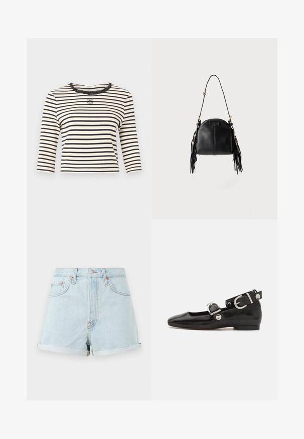Haut à manches longues à rayures horizontales blanches et noires avec un col rond orné de sequins et un petit logo décoratif au centre de la poitrine.; Shorts en denim bleu clair à taille haute, avec des ourlets retroussés, des rivets en cuivre et une fermeture éclair à l'avant. Présente un style classique à cinq poches.; Ballerine en cuir verni noir avec un bout carré, sangle de cheville avec des détails en métal argenté et semelle plate. Texture lisse avec un design minimaliste.; Sac à main en cuir noir avec une forme courbée, une longue bandoulière réglable et des franges de chaque côté sur un fond clair.