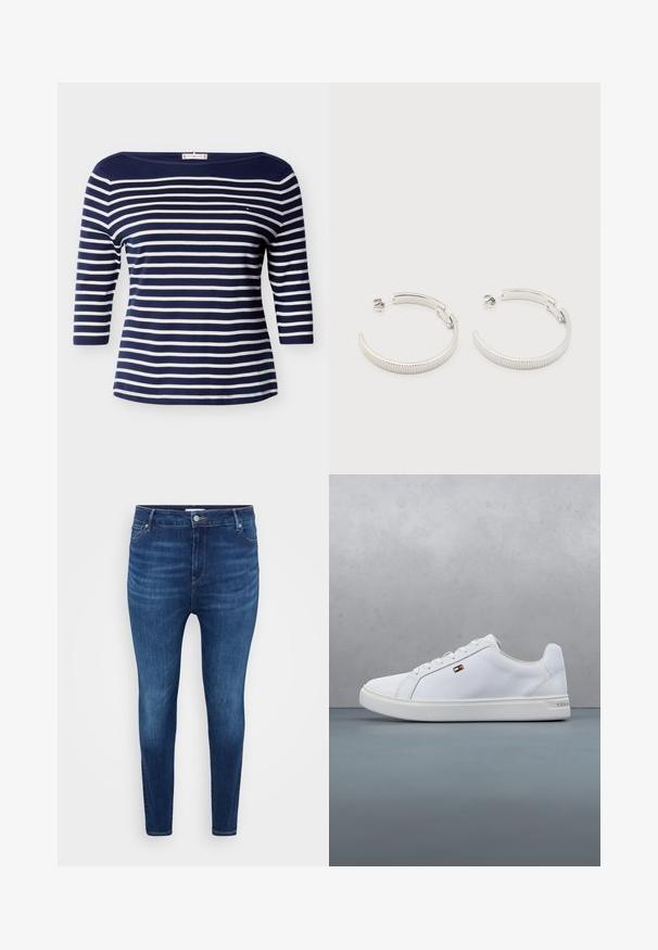 Marineblau-weiß gestreiftes Shirt mit Bootsausschnitt, Dreiviertelärmeln und kleinem Logo auf der Brust.; Dunkelblaue Skinny-Jeans mit vorderen Taschen, Gürtelschlaufen und einem Knopfverschluss auf einem schlichten hellen Hintergrund.; Weiße Sneakers aus glattem synthetischen Material, mit einer abgerundeten Spitze, flacher Sohle und einem minimalistischen Design mit einem kleinen Logo-Akzent.; Ohrstecker in Silberoptik, halbkreisförmig mit geriffelter Textur und Steckverschlüssen, auf weißem Hintergrund.