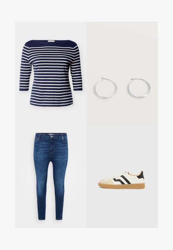 Marineblauw-wit horizontaal gestreept shirt met boothals, driekwart mouwen en een klein logo op de borst.; Donkerblauwe skinny jeans met voorzakken, riemlussen en een knoopsluiting op een lichte effen achtergrond.; Witte sneaker met beige neuskap, zwarte zijstrepen, lichtbruine zool en een lage snit.; Zilverkleurige metalen creolen oorbellen met een glad, licht gebogen oppervlak en sluitingen met haaksluiting op een effen witte achtergrond.